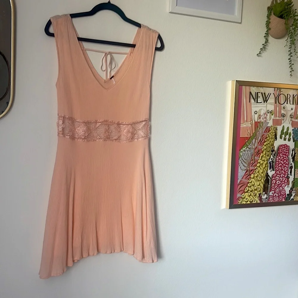 FREE PEOPLE Peach fairycore🍑 V-Neck Mini Dress with Lace Cut Out - Picture 2 of 10